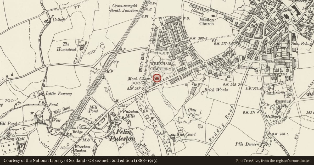 Ordnance Survey six-inch map, 2nd edition (1888–1913) covering the location of Cemetey Chapels, Offa, Wrexham, with a pin at the register's coordinates