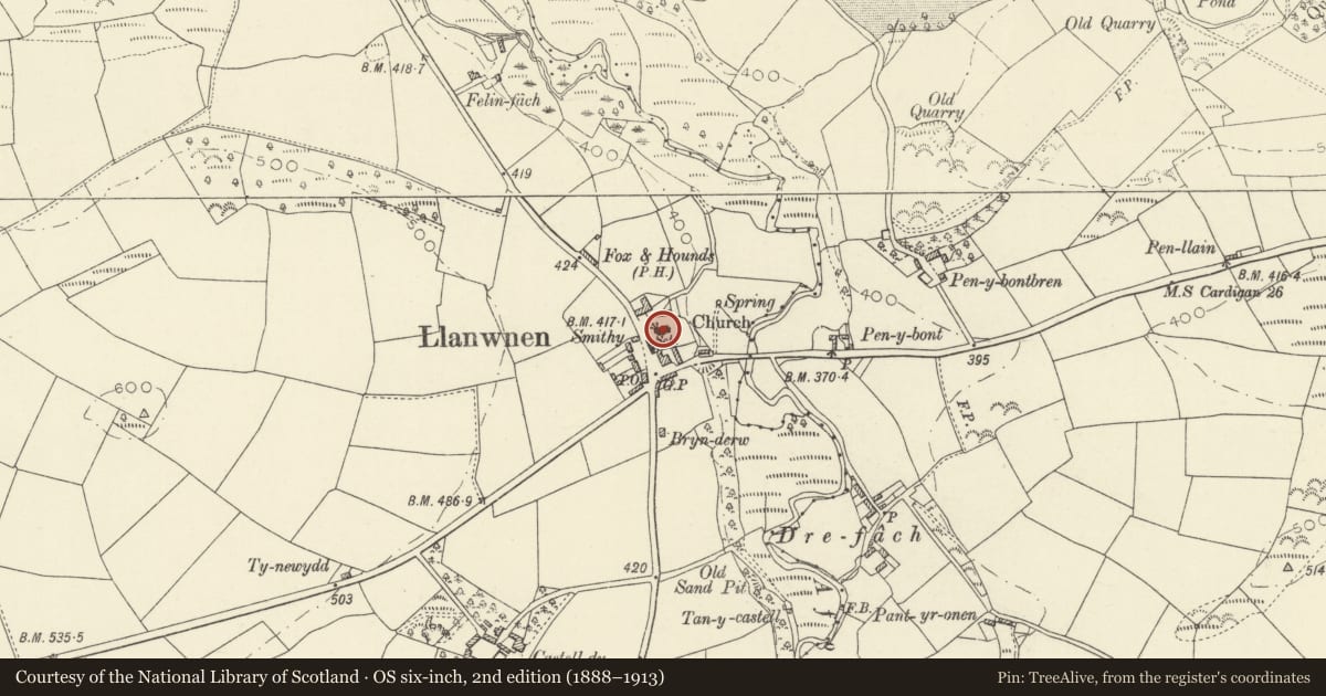 Ordnance Survey six-inch map, 2nd edition (1888–1913) covering the location of Church of St Lucia and St Gwynin, Llanwnnen, Ceredigion, with a pin at the register's coordinates