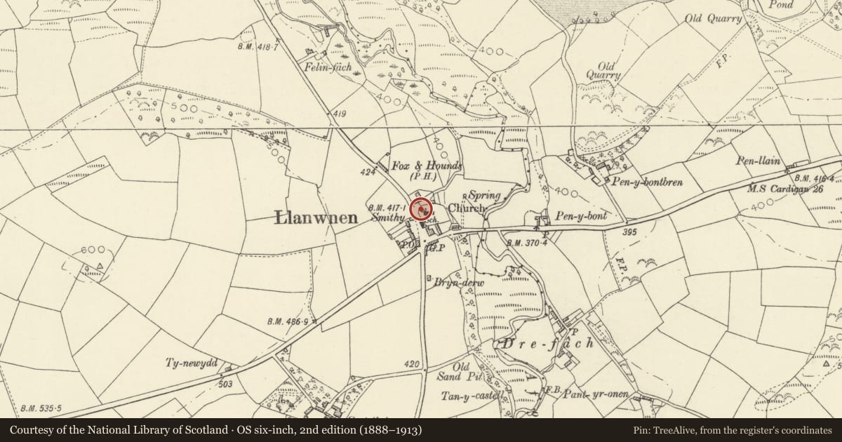 Ordnance Survey six-inch map, 2nd edition (1888–1913) covering the location of S.M. Hughes Monument and railed enclosure in Llanwnnen Churchyard, Ceredigion, with a pin at the register's coordinates