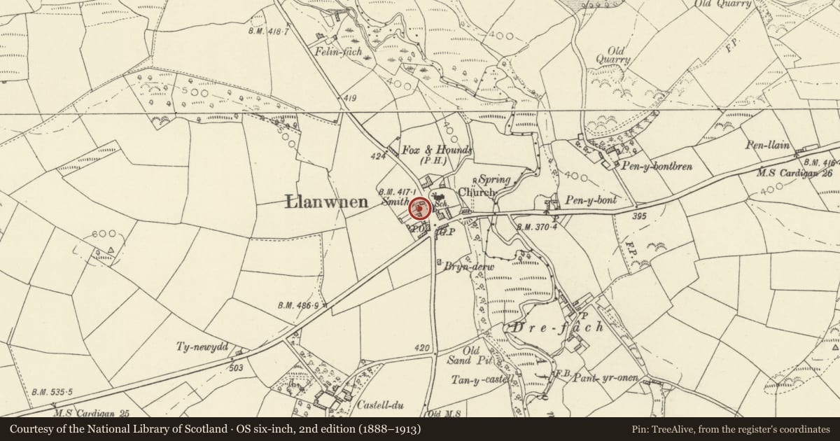 Ordnance Survey six-inch map, 2nd edition (1888–1913) covering the location of 4 Sycamore Terrace, Llanwnnen, Ceredigion, with a pin at the register's coordinates