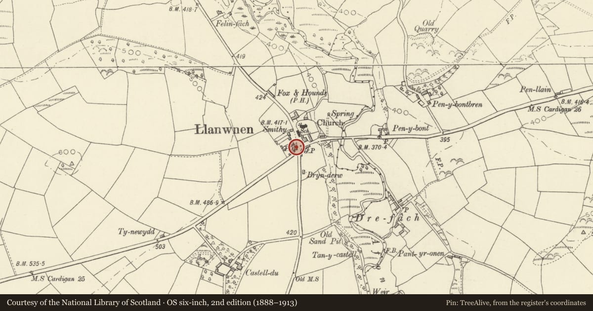 Ordnance Survey six-inch map, 2nd edition (1888–1913) covering the location of Llanwnnen Post Office, Ceredigion, with a pin at the register's coordinates