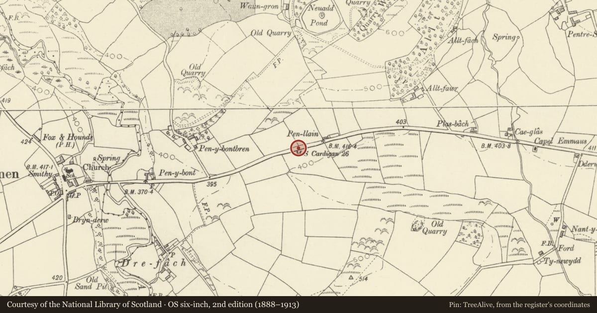 Ordnance Survey six-inch map, 2nd edition (1888–1913) covering the location of Milestone on A475 E of Llanwnnen, Ceredigion, with a pin at the register's coordinates