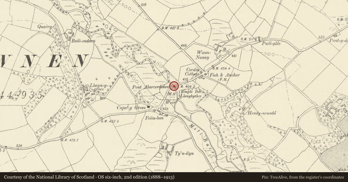 Ordnance Survey six-inch map, 2nd edition (1888–1913) covering the location of Pont Abercerdinen, Llanwnnen, Ceredigion, with a pin at the register's coordinates