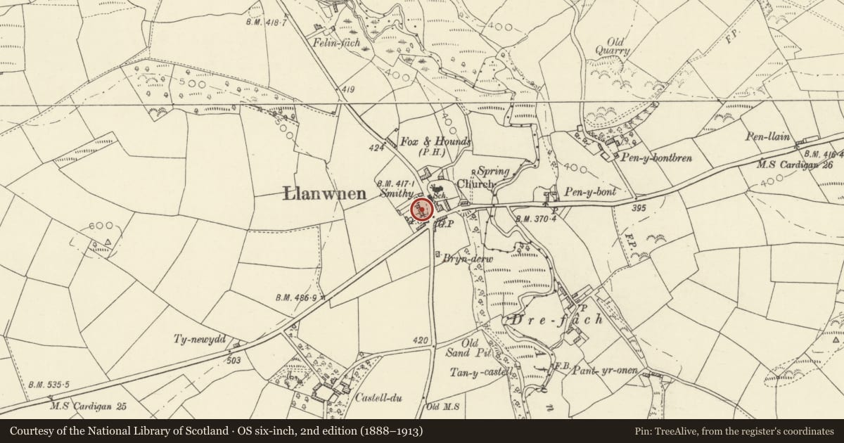 Ordnance Survey six-inch map, 2nd edition (1888–1913) covering the location of 2 Sycamore Terrace, Llanwnnen, Ceredigion, with a pin at the register's coordinates