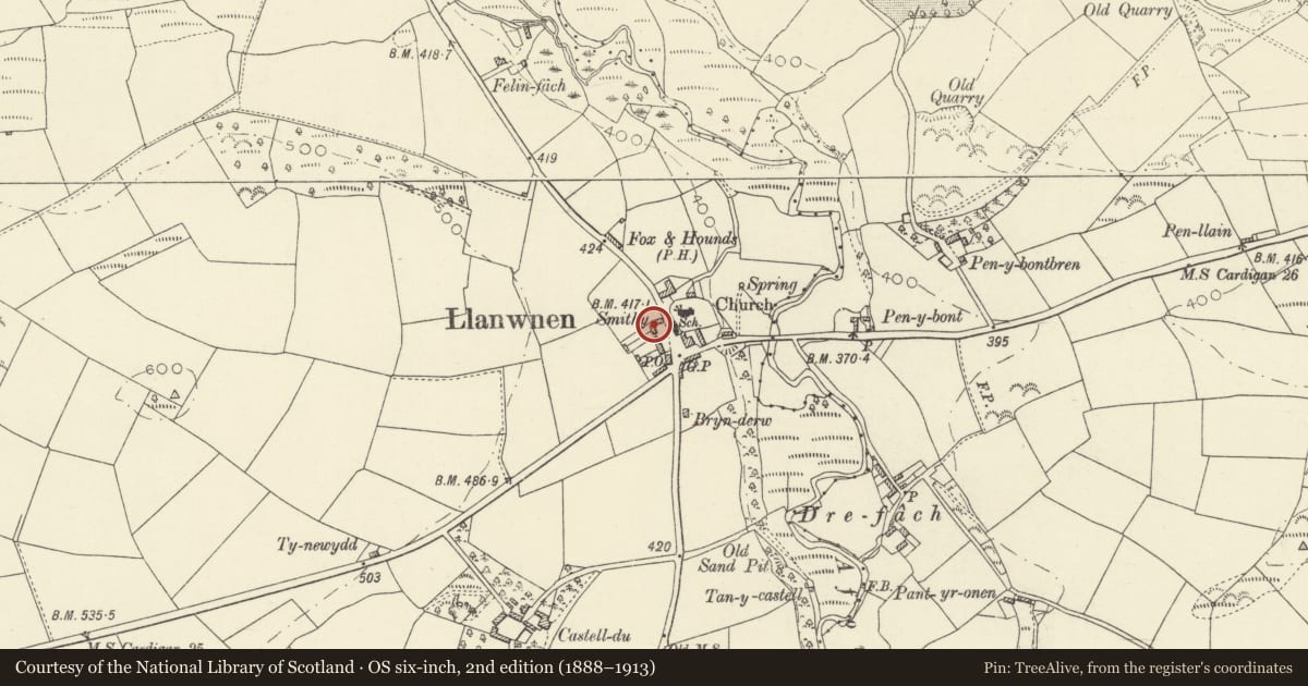 Ordnance Survey six-inch map, 2nd edition (1888–1913) covering the location of 5 Sycamore Terrace, Llanwnnen, Ceredigion, with a pin at the register's coordinates