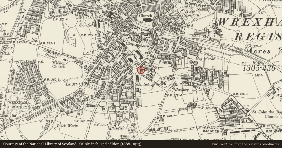 Ordnance Survey six-inch map, 2nd edition (1888–1913) covering the location of 1 Salisbury Road, Offa, Wrexham, with a pin at the register's coordinates