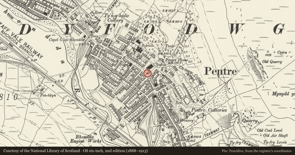 Ordnance Survey six-inch map, 2nd edition (1888–1913) covering the location of Fountain to SW of St. Peter's church, Pentre, Rhondda Cynon Taff, with a pin at the register's coordinates