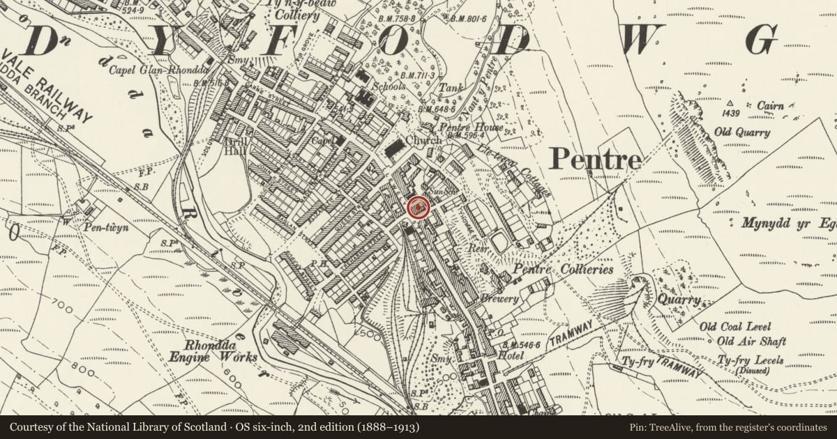 Ordnance Survey six-inch map, 2nd edition (1888–1913) covering the location of Former Rhondda Borough Council Offices, Pentre, Rhondda Cynon Taff, with a pin at the register's coordinates