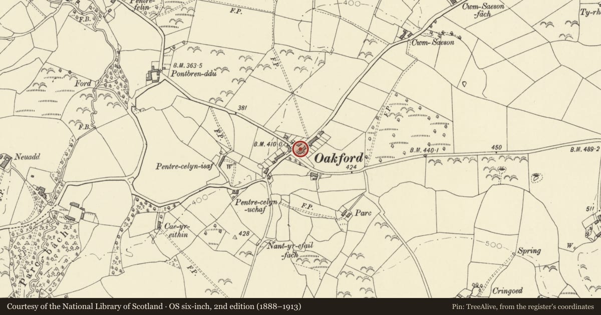 Ordnance Survey six-inch map, 2nd edition (1888–1913) covering the location of Telephone Call-box (01545 580469), Henfynyw, Ceredigion, with a pin at the register's coordinates