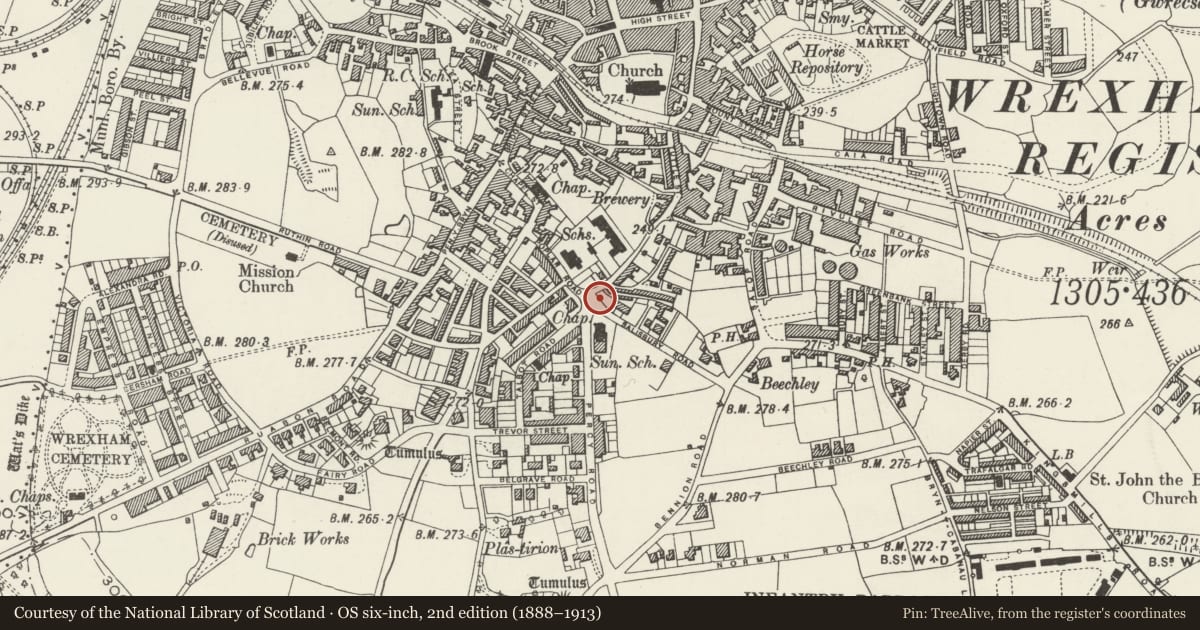 Ordnance Survey six-inch map, 2nd edition (1888–1913) covering the location of Gate Piers and Boundary Wall to No.1, Offa, Wrexham, with a pin at the register's coordinates