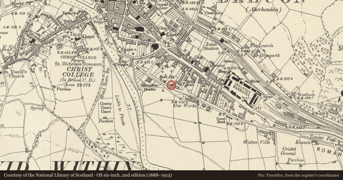 Ordnance Survey six-inch map, 2nd edition (1888–1913) covering the location of Former Canal Weights & Measures Office at Canal Basin, Brecon, Powys, with a pin at the register's coordinates