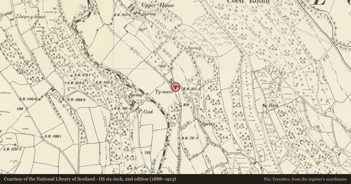 Ordnance Survey six-inch map, 2nd edition (1888–1913) covering the location of Barn Range at Ty-Mawr, Crucorney, Monmouthshire, with a pin at the register's coordinates