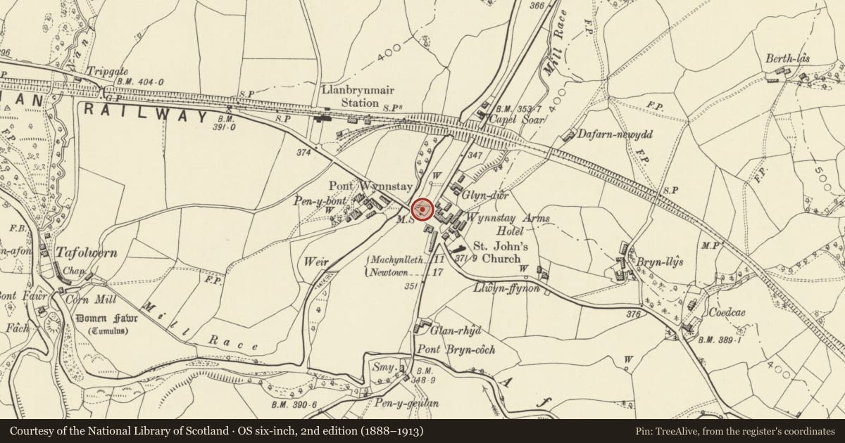 Ordnance Survey six-inch map, 2nd edition (1888–1913) covering the location of Milestone at Llanbrynmair Bridge, Powys, with a pin at the register's coordinates