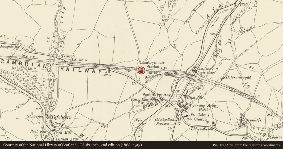 Ordnance Survey six-inch map, 2nd edition (1888–1913) covering the location of Llanbrynmair Railway Station and house, Powys, with a pin at the register's coordinates