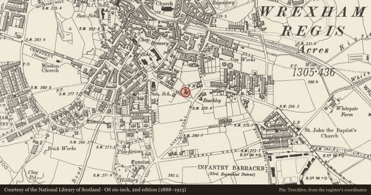 Ordnance Survey six-inch map, 2nd edition (1888–1913) covering the location of Oteley House, Offa, Wrexham, with a pin at the register's coordinates