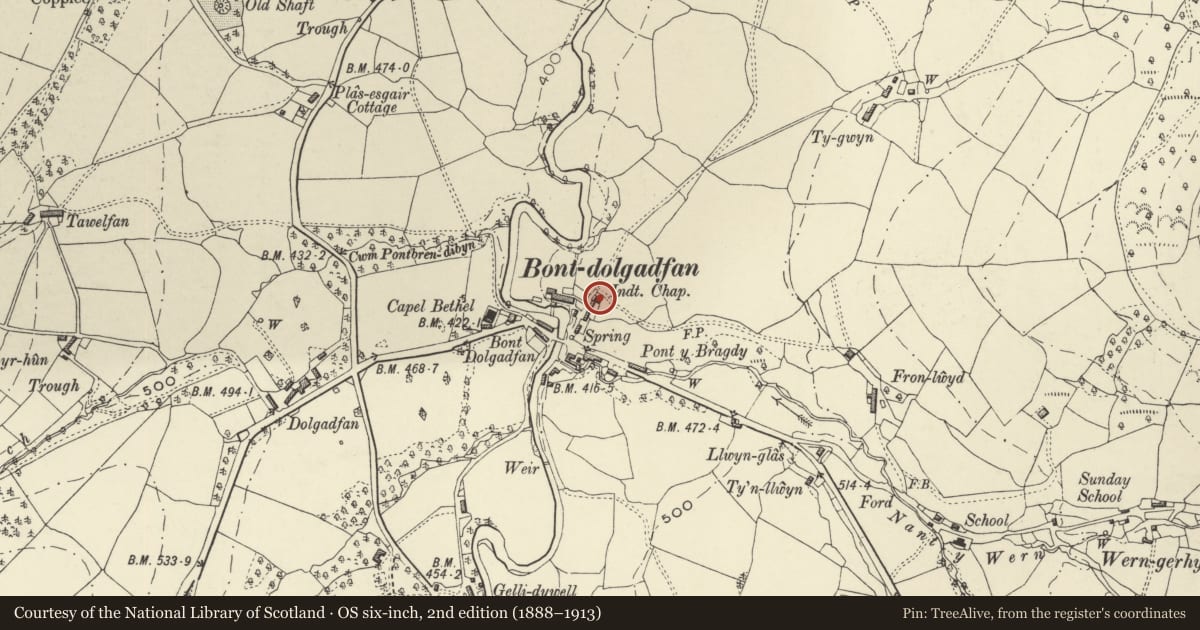 Ordnance Survey six-inch map, 2nd edition (1888–1913) covering the location of Bont Dolgadfan Independent Chapel, with railed forecourt, Llanbrynmair, Powys, with a pin at the register's coordinates