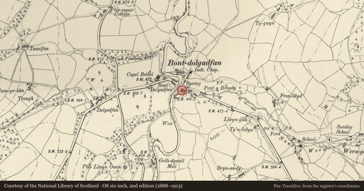 Ordnance Survey six-inch map, 2nd edition (1888–1913) covering the location of Glantwymyn, Llanbrynmair, Powys, with a pin at the register's coordinates