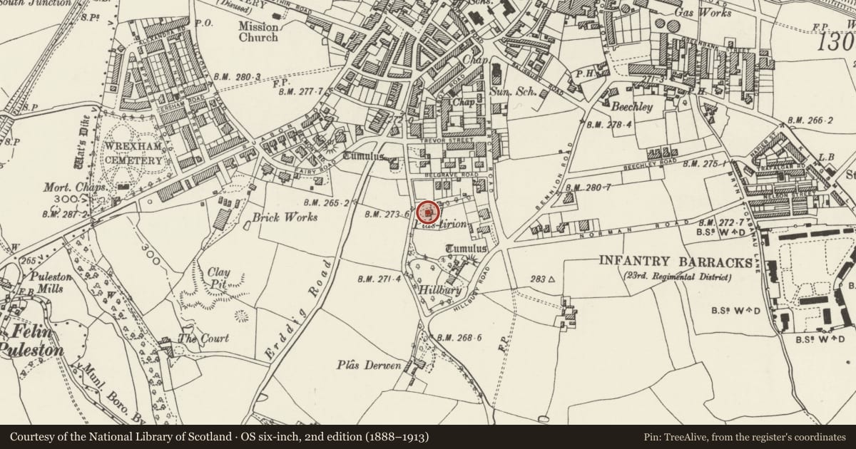 Ordnance Survey six-inch map, 2nd edition (1888–1913) covering the location of The Bishops House, Offa, Wrexham, with a pin at the register's coordinates