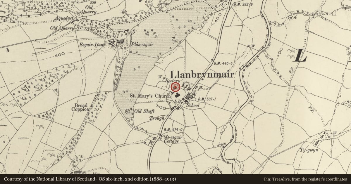 Ordnance Survey six-inch map, 2nd edition (1888–1913) covering the location of Hafod y Llan, also known as the Old Rectory, Llanbrynmair, Powys, with a pin at the register's coordinates