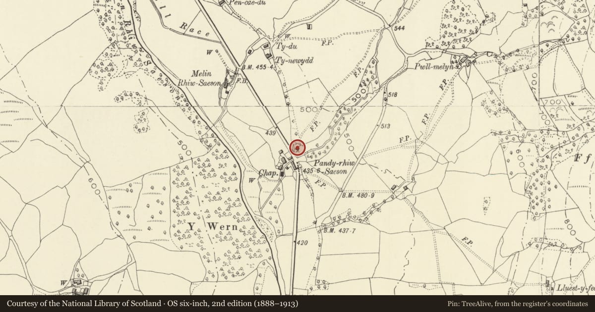 Ordnance Survey six-inch map, 2nd edition (1888–1913) covering the location of Cwm gwyn, Llanbrynmair, Powys, with a pin at the register's coordinates