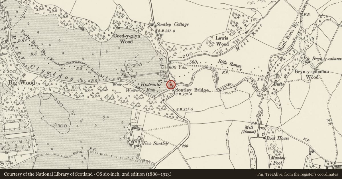 Ordnance Survey six-inch map, 2nd edition (1888–1913) covering the location of Sontley Bridge, Offa, Wrexham, with a pin at the register's coordinates