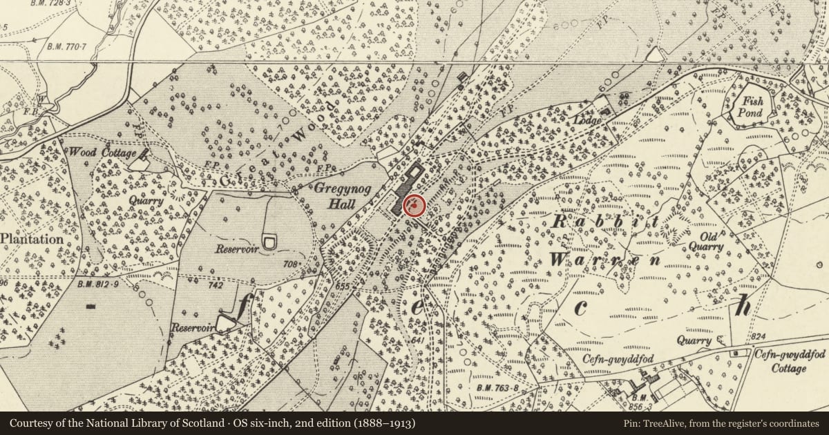 Ordnance Survey six-inch map, 2nd edition (1888–1913) covering the location of Fountain (north-east), Tregynon, Powys, with a pin at the register's coordinates