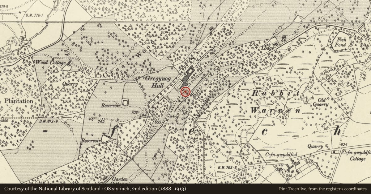 Ordnance Survey six-inch map, 2nd edition (1888–1913) covering the location of Fountain (south-west), Tregynon, Powys, with a pin at the register's coordinates