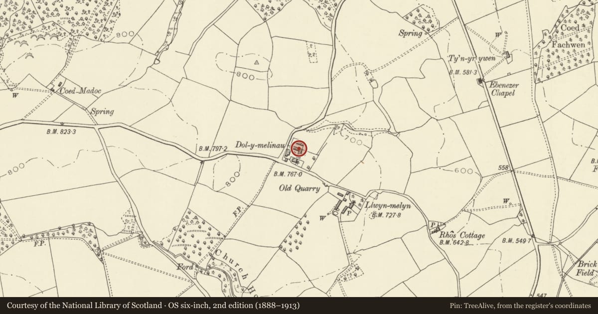 Ordnance Survey six-inch map, 2nd edition (1888–1913) covering the location of Dolymelinau Farm Buildings, Tregynon, Powys, with a pin at the register's coordinates