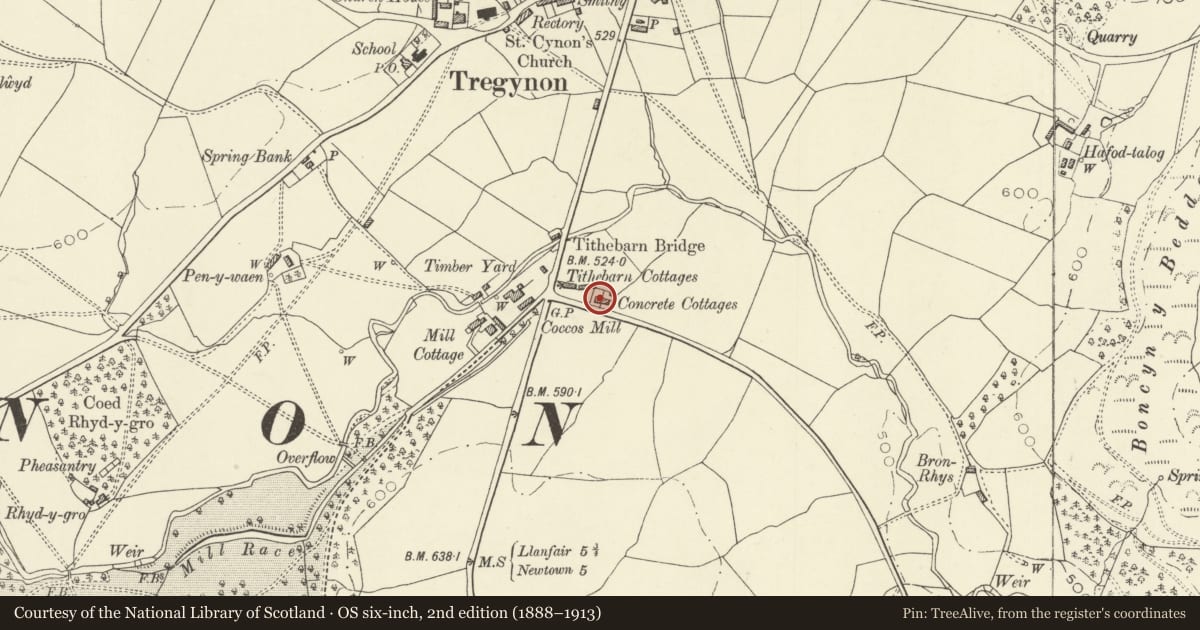 Ordnance Survey six-inch map, 2nd edition (1888–1913) covering the location of 1 Concrete Cottages, Tregynon, Powys, with a pin at the register's coordinates