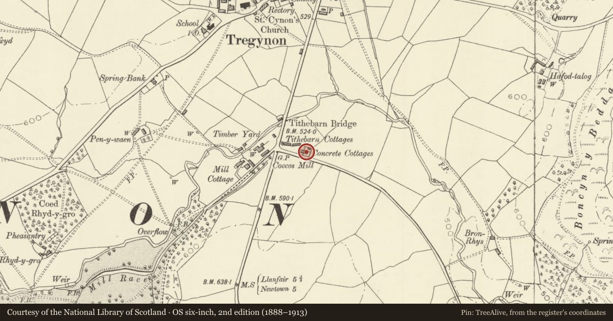 Ordnance Survey six-inch map, 2nd edition (1888–1913) covering the location of 2 Concrete Cottages, Tregynon, Powys, with a pin at the register's coordinates