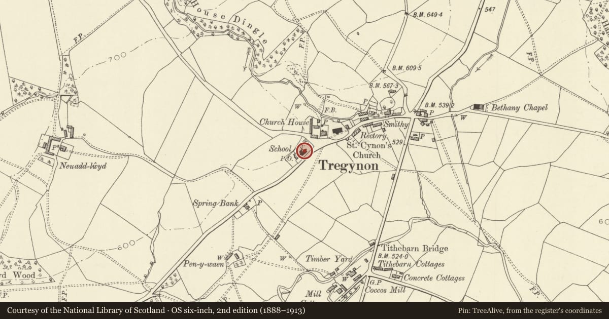 Ordnance Survey six-inch map, 2nd edition (1888–1913) covering the location of Tregynon School, Powys, with a pin at the register's coordinates