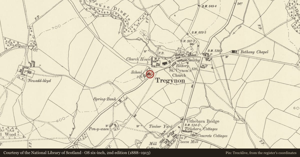 Ordnance Survey six-inch map, 2nd edition (1888–1913) covering the location of Tregynon School Boundary Wall, Powys, with a pin at the register's coordinates