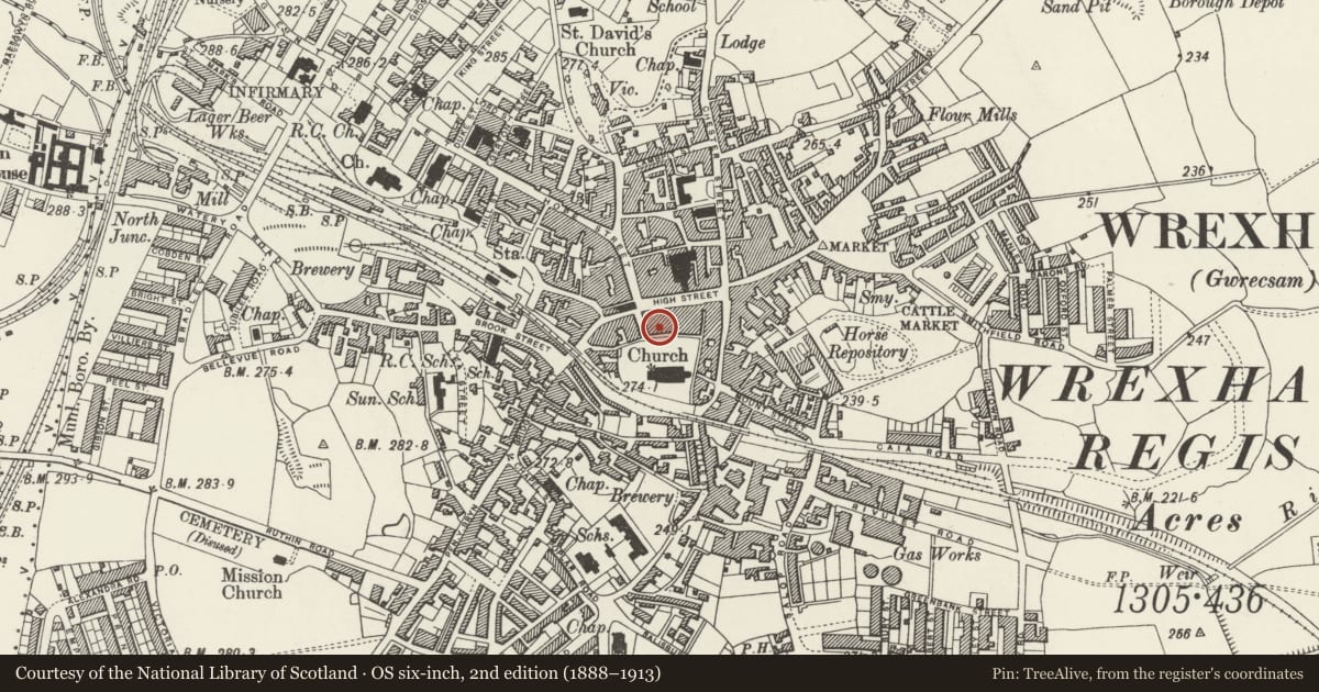 Ordnance Survey six-inch map, 2nd edition (1888–1913) covering the location of 6 Temple Row, Offa, Wrexham, with a pin at the register's coordinates
