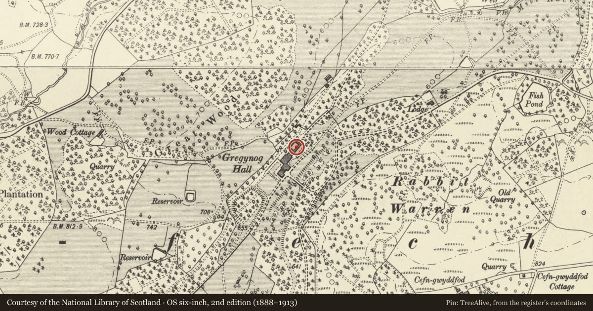 Ordnance Survey six-inch map, 2nd edition (1888–1913) covering the location of Stable and Coach House, Tregynon, Powys, with a pin at the register's coordinates