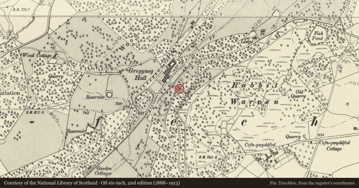 Ordnance Survey six-inch map, 2nd edition (1888–1913) covering the location of Garden Bridge, Tregynon, Powys, with a pin at the register's coordinates