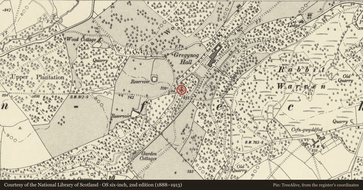 Ordnance Survey six-inch map, 2nd edition (1888–1913) covering the location of Bridge in Parkland, Tregynon, Powys, with a pin at the register's coordinates