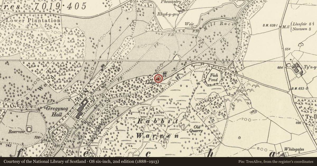 Ordnance Survey six-inch map, 2nd edition (1888–1913) covering the location of Middle Lodge, Tregynon, Powys, with a pin at the register's coordinates