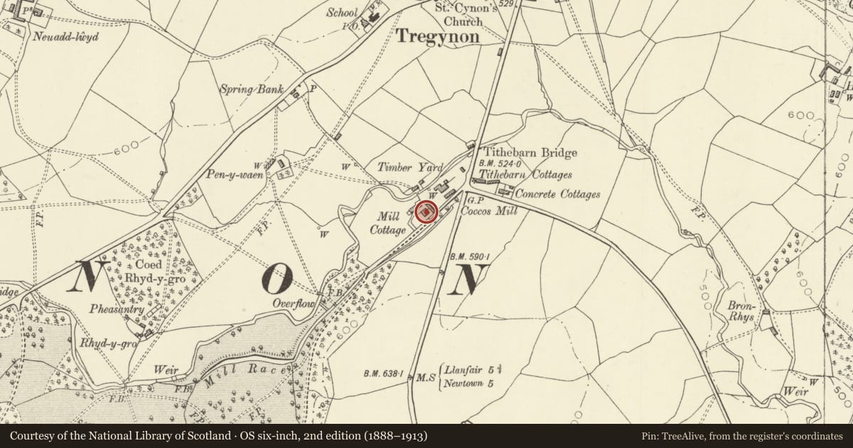 Ordnance Survey six-inch map, 2nd edition (1888–1913) covering the location of Sawmill Lodge, Tregynon, Powys, with a pin at the register's coordinates