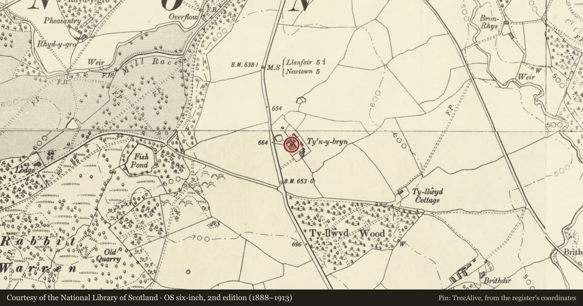 Ordnance Survey six-inch map, 2nd edition (1888–1913) covering the location of Ty'n y Bryn Farm Buildings, Tregynon, Powys, with a pin at the register's coordinates