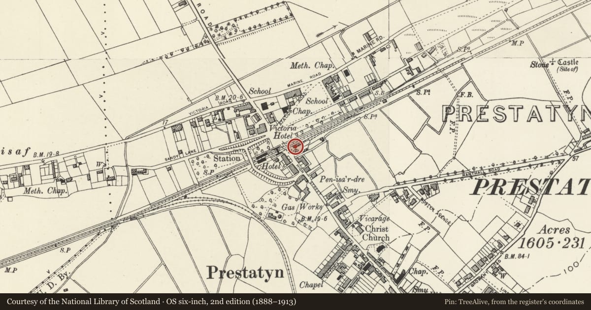 Ordnance Survey six-inch map, 2nd edition (1888–1913) covering the location of Old Station, Prestatyn, Denbighshire, with a pin at the register's coordinates