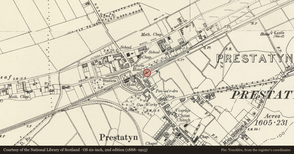 Ordnance Survey six-inch map, 2nd edition (1888–1913) covering the location of Former Goods Shed, Prestatyn, Denbighshire, with a pin at the register's coordinates