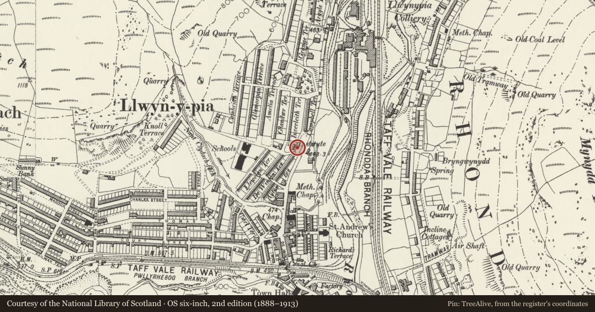 Ordnance Survey six-inch map, 2nd edition (1888–1913) covering the location of Statue of Sir Archibald Hood, Llwyn-y-Pia, Rhondda Cynon Taff, with a pin at the register's coordinates