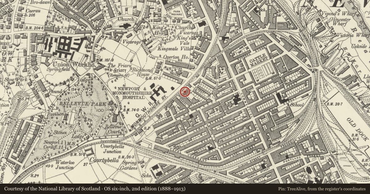 Ordnance Survey six-inch map, 2nd edition (1888–1913) covering the location of 11 Cardiff Road, Pillgwenlly, Newport, with a pin at the register's coordinates