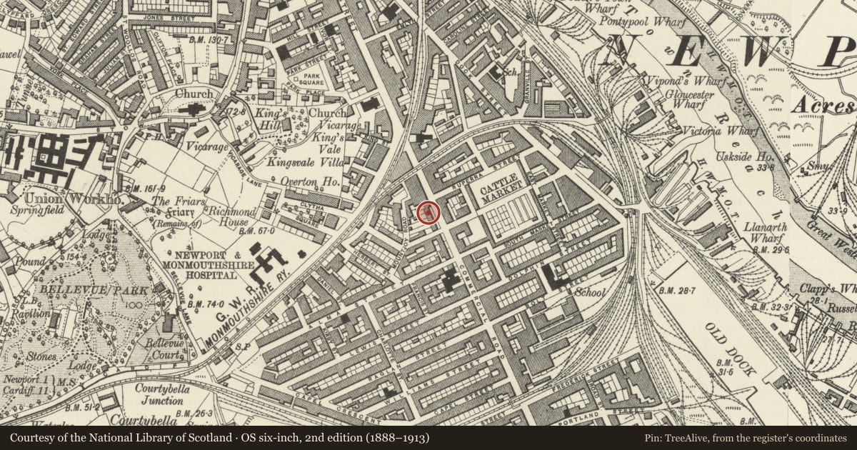 Ordnance Survey six-inch map, 2nd edition (1888–1913) covering the location of 183 Commercial Road, Pillgwenlly, Newport, with a pin at the register's coordinates