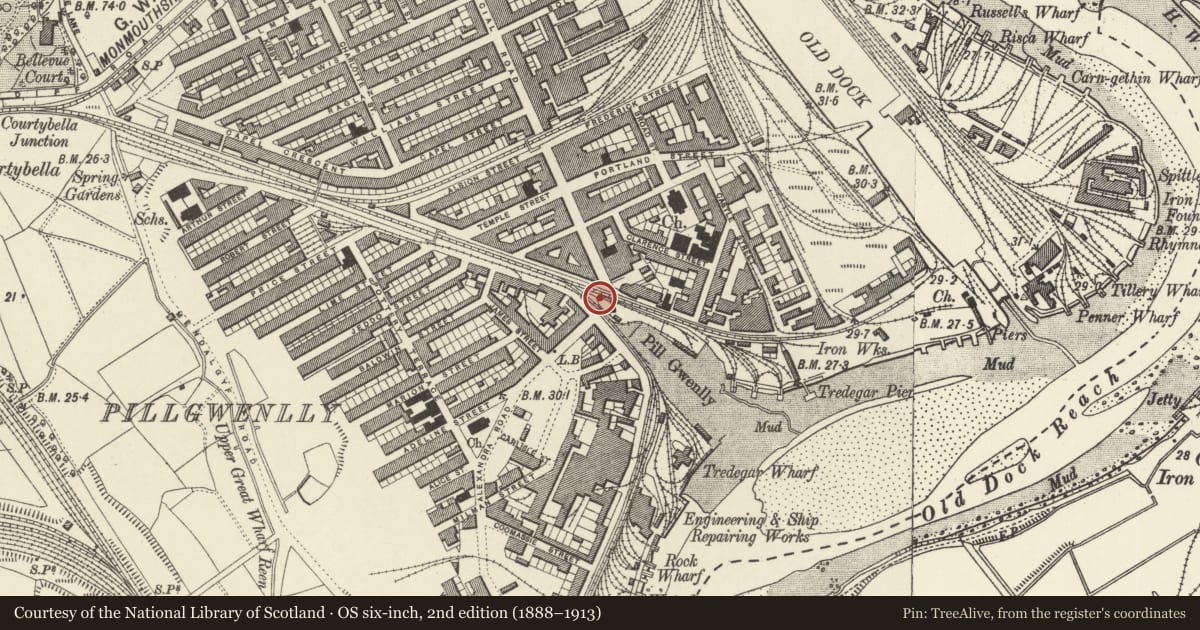 Ordnance Survey six-inch map, 2nd edition (1888–1913) covering the location of Public Conveniences, Pillgwenlly, Newport, with a pin at the register's coordinates
