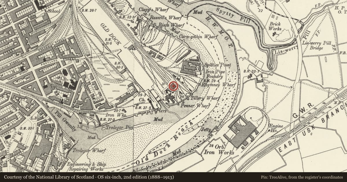 Ordnance Survey six-inch map, 2nd edition (1888–1913) covering the location of Malt House, Pillgwenlly, Newport, with a pin at the register's coordinates