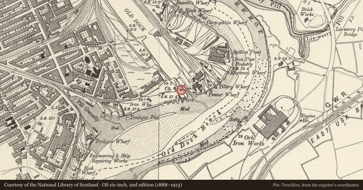 Ordnance Survey six-inch map, 2nd edition (1888–1913) covering the location of Lock walls to mouth of Old Town Dock, Pillgwenlly, Newport, with a pin at the register's coordinates