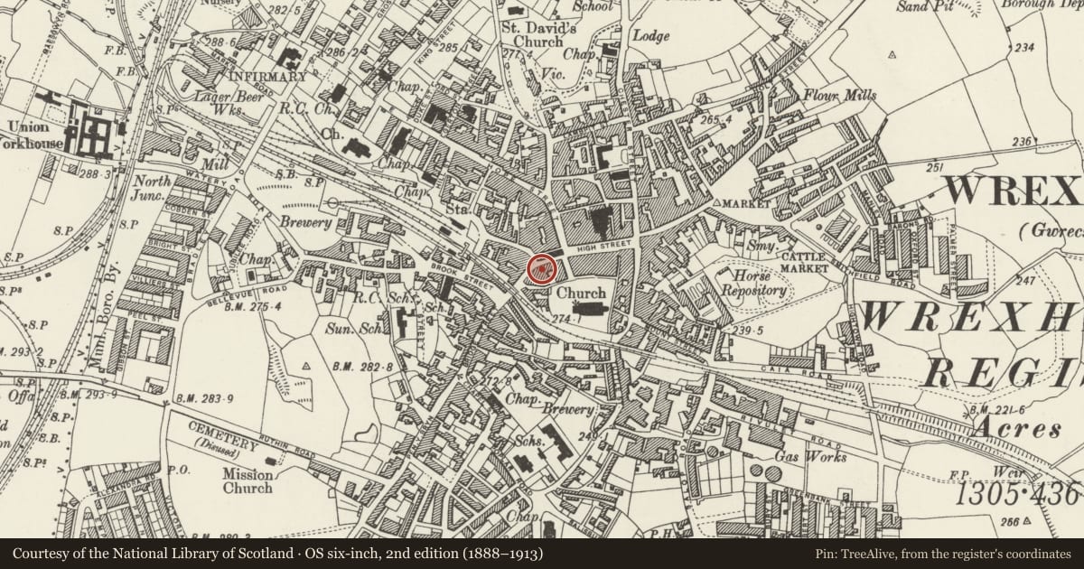 Ordnance Survey six-inch map, 2nd edition (1888–1913) covering the location of Dodman's, Offa, Wrexham, with a pin at the register's coordinates