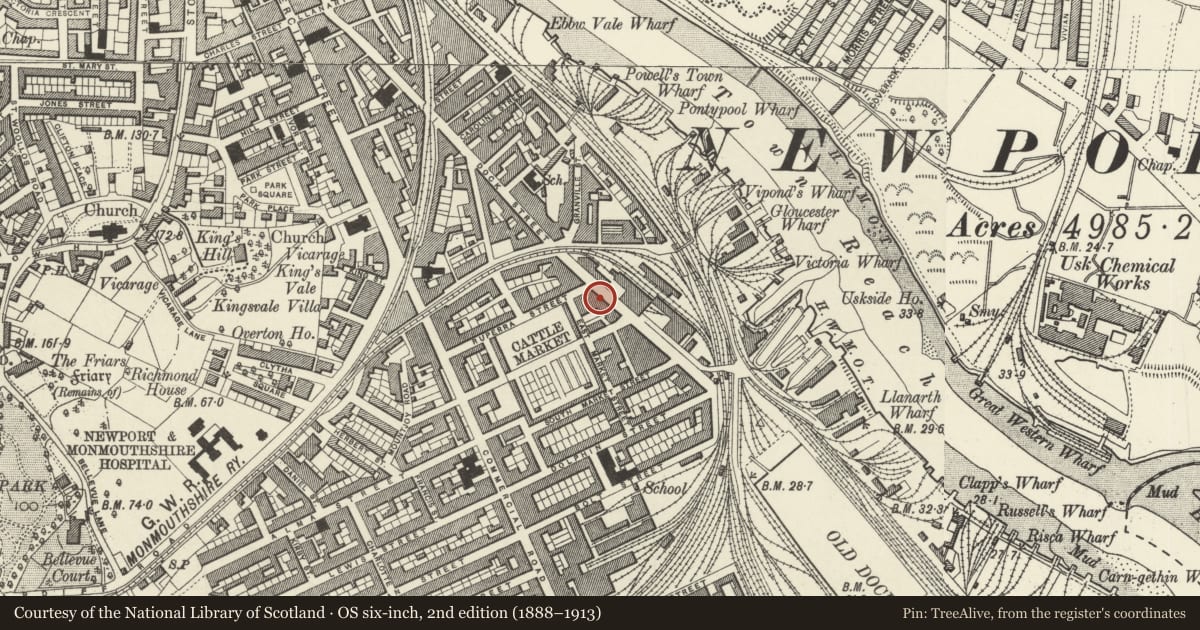 Ordnance Survey six-inch map, 2nd edition (1888–1913) covering the location of 108 Lower Dock Street, Pillgwenlly, Newport, with a pin at the register's coordinates