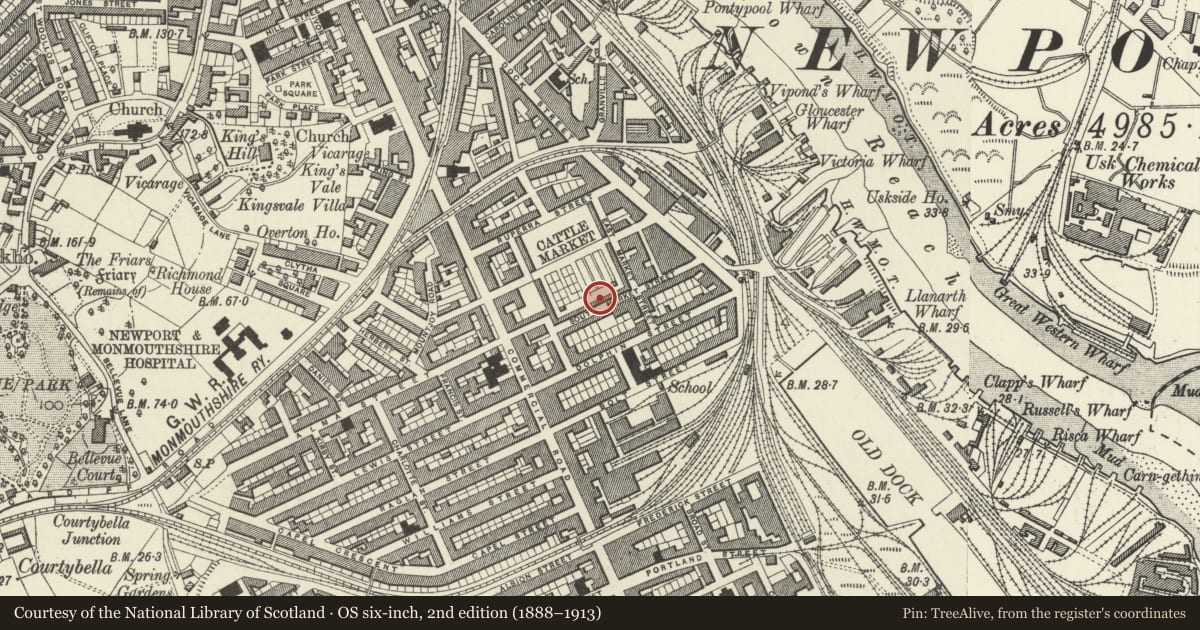 Ordnance Survey six-inch map, 2nd edition (1888–1913) covering the location of Cattle Market (S range), Pillgwenlly, Newport, with a pin at the register's coordinates